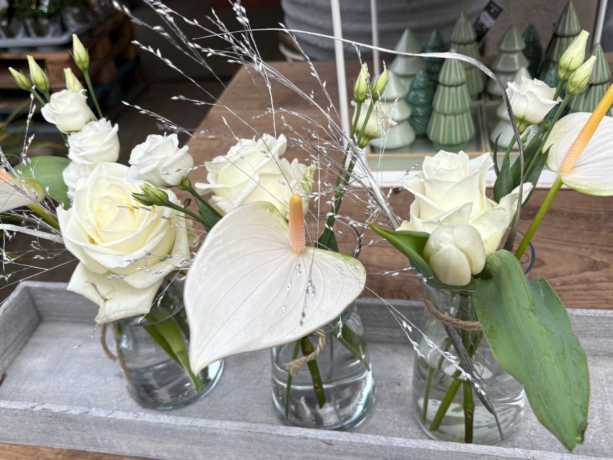 Dekoratives Stillleben mit blauen Irisblüten, Orchideen, Pampasgras, Glasvasen und Kerzen auf Wandregalen.